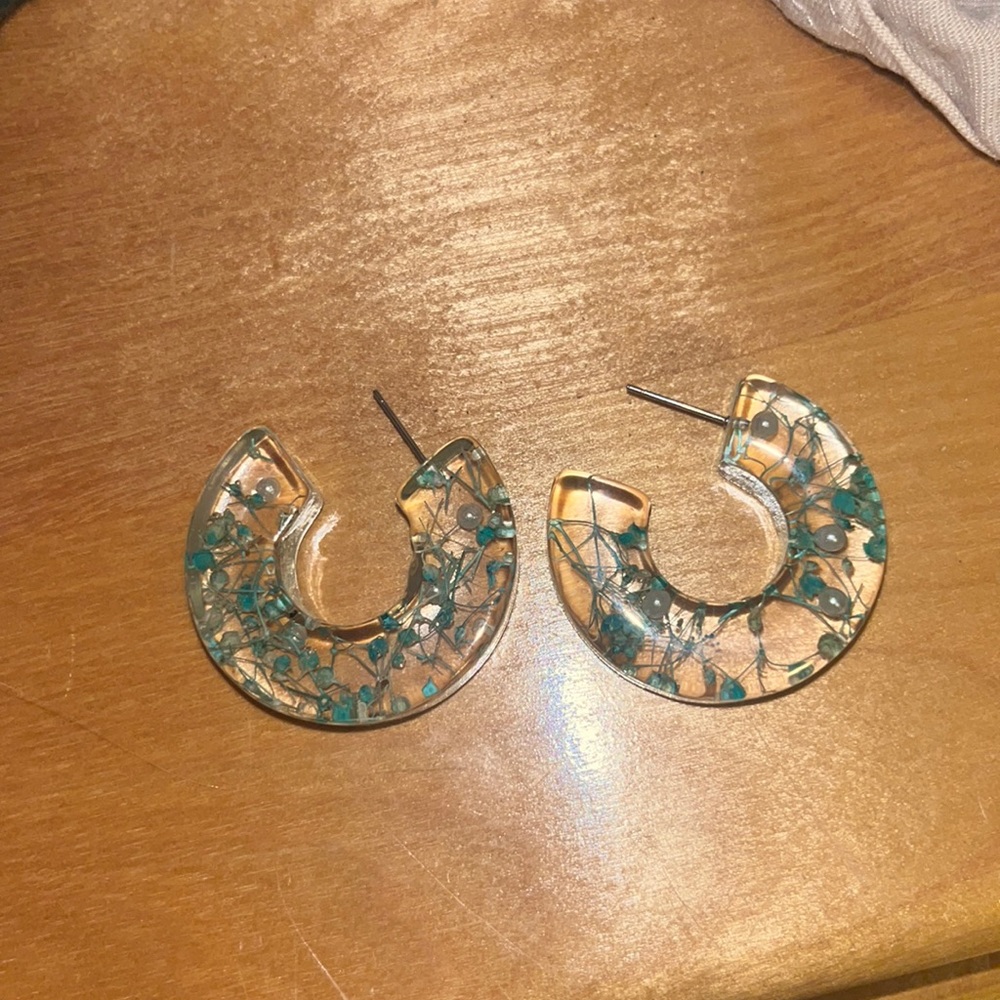 Green floral, transparent earrings